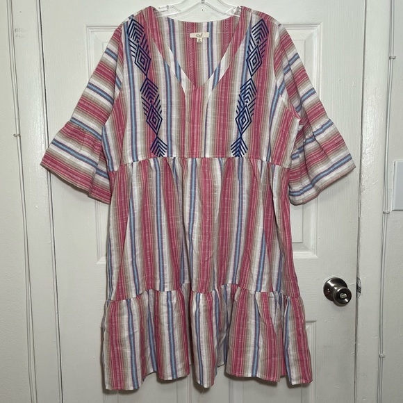 EASEL Striped Multicolor V-Neck Embroidered Tiered Dress with pockets | size L - Picture 2 of 10